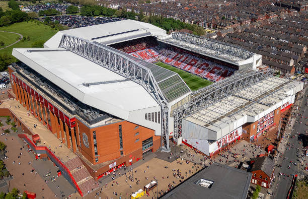 Premier League Stadiums Ranked by Capacity: An aerial view of Anfield Stadium ahead of the Premier League match between Liverpool and Wolves on May 19, 2024 in Liverpool, England.