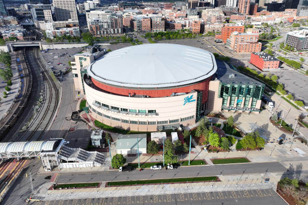 Top 10 Largest NBA Arenas: A general overall aerial view of the Ball Arena on May 11, 2024 in Denver, Colorado.