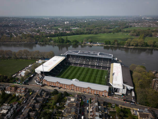 Premier League Stadiums Ranked by Capacity: An aerial view of Craven Cottage prior to the Premier League match between Fulham and Manchester City at Craven Cottage on April 30, 2023 in London, England.