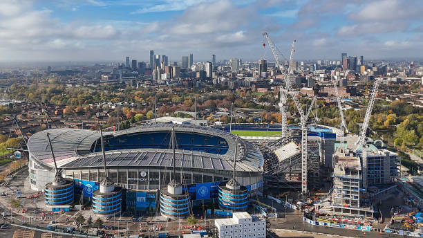 Premier League Stadiums Ranked by Capacity: An aerial view of Etihad Stadium and the expansion works to the North Stand ahead of the Premier League match between Manchester City and Southampton at Etihad Stadium on October 26, 2024 in Manchester, England.