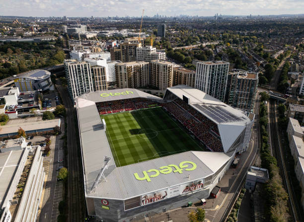 Premier League Stadiums Ranked by Capacity: An aerial view of Gtech Community Stadium prior to the Premier League match between Brentford and Wolves at Gtech Community Stadium on October 05, 2024 in Brentford, England.