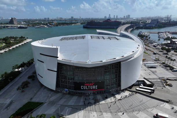 Top 10 Largest NBA Arenas: A general overall aerial view of the Kaseya Center on October 30, 2024 in Miami, Florida. The arena is the home of the Miami Heat.