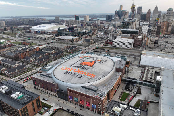 Top 10 Largest NBA Arenas: A general overall aerial view of Little Caesars Arena, Ford Field and Comerica Park, Thursday, Dec. 7, 2023, Detroit.