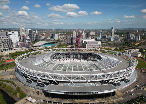 Premier League Stadiums Ranked by Capacity: An aerial view of London Stadium prior to the Premier League match between West Ham and Manchester United at London Stadium on May 07, 2023 in London, England.