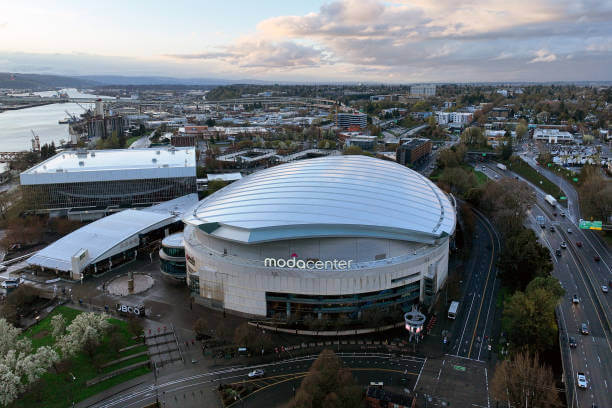 Top 10 Largest NBA Arenas: An aerial view of the Moda Center ahead of the Sweet 16 and Elite Eight rounds of the NCAA Women's Basketball Tournament on March 27, 2024 in Portland, Oregon.