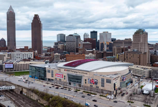 Top 10 Largest NBA Arenas: An aerial view of Rocket Mortgage FieldHouse is shown ahead of the NCAA Women's Final Four Tournament on April 03, 2024 in Cleveland, Ohio. The Women's Final Four starts April 5, 2024. This is also the home of the Cleveland Cavaliers of the National Basketball League.