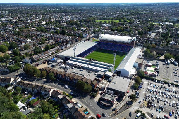 Premier League Stadiums Ranked by Capacity: An aerial view of Selhurst Park is seen prior to the Premier League match between Crystal Palace and Leicester City on September 14, 2024 in London, England. 