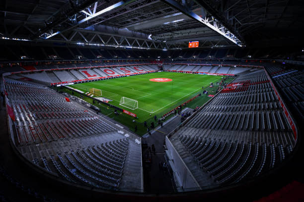 Top 10 Largest Ligue 1 Stadiums: A general view of inside the stadium prior the Ligue 1 match between Lille and Rennes at Stade Pierre Mauroy on November 24, 2024 in Lille, France.