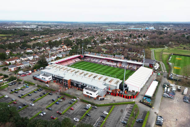 Premier League Stadiums Ranked by Capacity: An aerial view of Vitality Stadium prior to the Premier League match between Bournemouth and Everton at Vitality Stadium on January 04, 2025 in Bournemouth, England.
