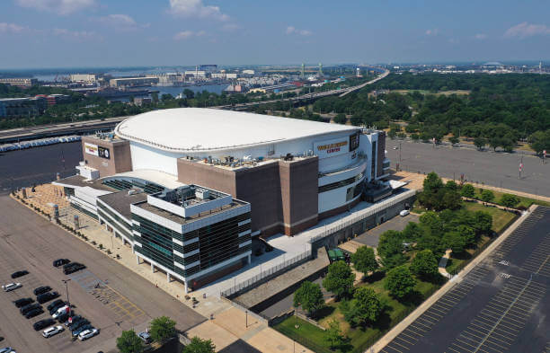Top 10 Largest NBA Arenas: A general overall aerial view of the Wells Fargo Center on July 6, 2020 in Philadelphia, Pennsylvania.