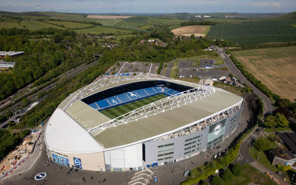 Premier League Stadiums Ranked by Capacity: An aerial view of AMEX Stadium ahead of the Premier League match between Brighton and Chelsea at Amex Stadium on May 15, 2024 in Brighton, England.