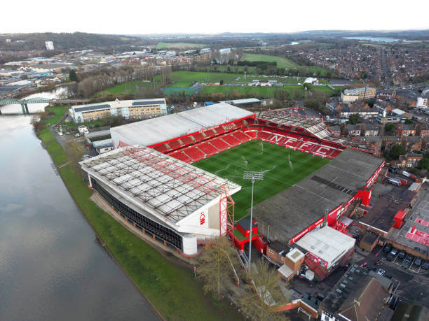 Premier League Stadiums Ranked by Capacity: An aerial view of City Ground prior to the Premier League match between Nottingham Forest and Aston Villa at City Ground on December 14, 2024 in Nottingham, England. 