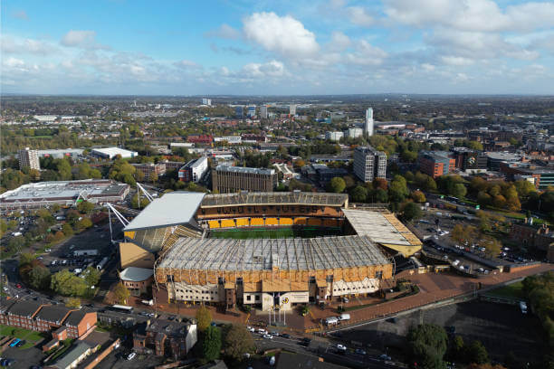Premier League Stadiums Ranked by Capacity: An aerial view of Molineux stadium before the Premier League match between Wolves and Newcastle at Molineux on October 28, 2023 in Wolverhampton, England.