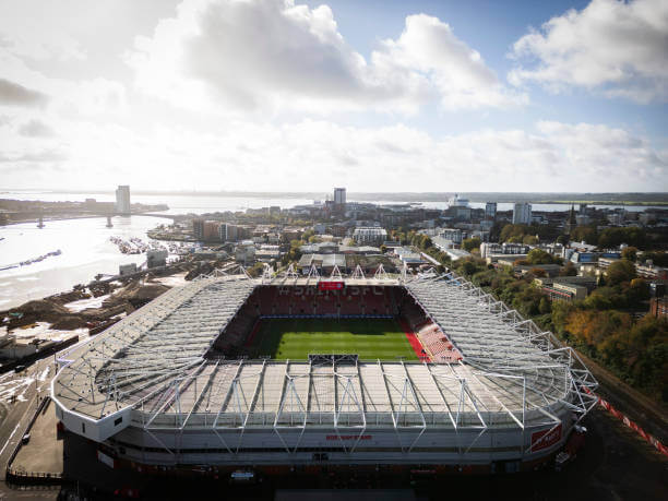 Premier League Stadiums Ranked by Capacity: An aerial view of St Mary's Stadium ahead of the Premier League match between Southampton and Leicester City at St Mary's Stadium on October 19, 2024 in Southampton, England.