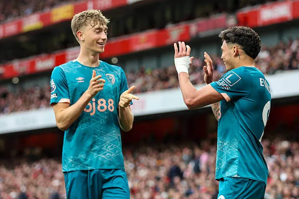 Premier League 2024–25 season: Dean Huijsen celebrates with Evanilson during Bournemouth's 2-1 victory at the Emirates Stadium in the Premier League on May 03, 2025.