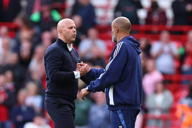 Premier League 2024–25 season: Arne Slot and Nuno Espírito Santo greet each other during the Premier League match between Liverpool and Nottingham Forest at Anfield on September 14, 2024.