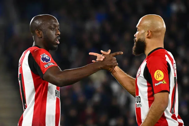 Premier League 2024–25 season: Yoane Wissa celebrates his team's first goal with Bryan Mbeumo during the Premier League match at The King Power Stadium on February 21, 2025.