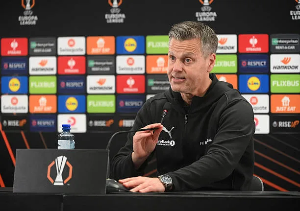 Kjetil Knutsen speaks to the media in a post match press conference following his team's defeat and subsequent elimination after the UEFA Europa League 2024/25 Semi Final Second Leg match between Bodo/Glimt and Tottenham at Aspmyra Stadion on May 08, 2025.