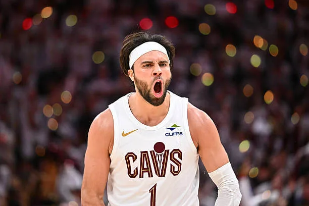 Max Strus reacts after scoring during the fourth quarter of game two of the Eastern Conference Semifinals against the Indiana Pacers at Rocket Arena on May 06, 2025.