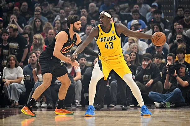 Max Strus guards Pascal Siakam during the first quarter of game five of the Eastern Conference Semifinals at Rocket Arena on May 13, 2025.